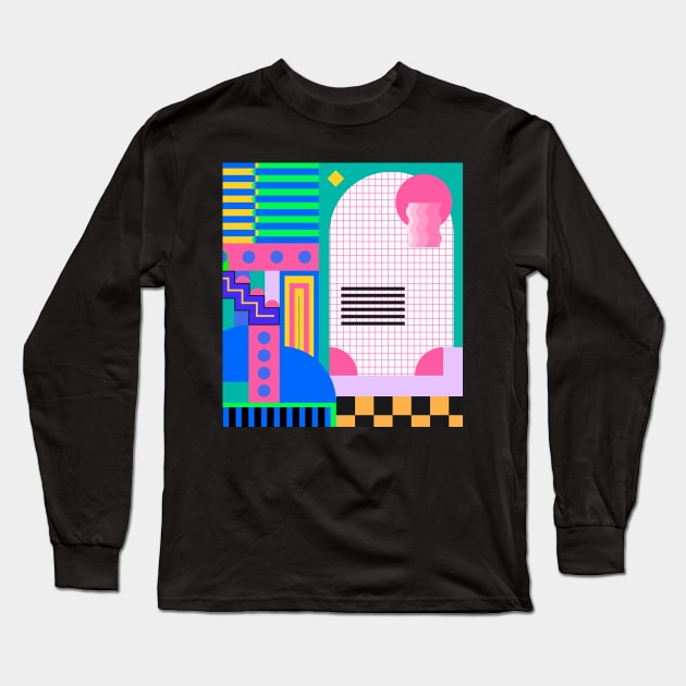 Memphis Style Pattern Long Sleeve T-Shirt by Design by Maria 